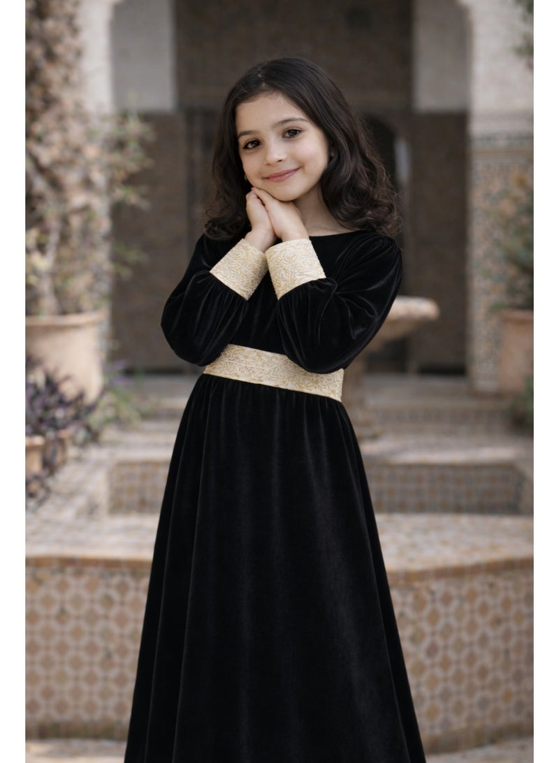 فستان إسلامي مخملي للبنات بأكمام طويلة مع حزام ذهبي منفصل، فستان ماكسي، - Image 1